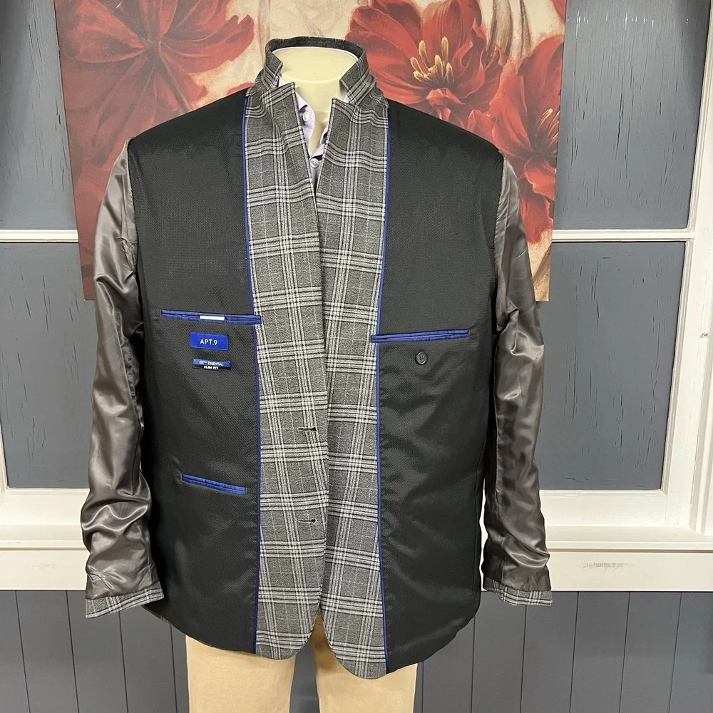 APT.9 Blazer Jacket Sport Coat Mens 48R Slim‎ Fit Polyester Blend Stretch Gray